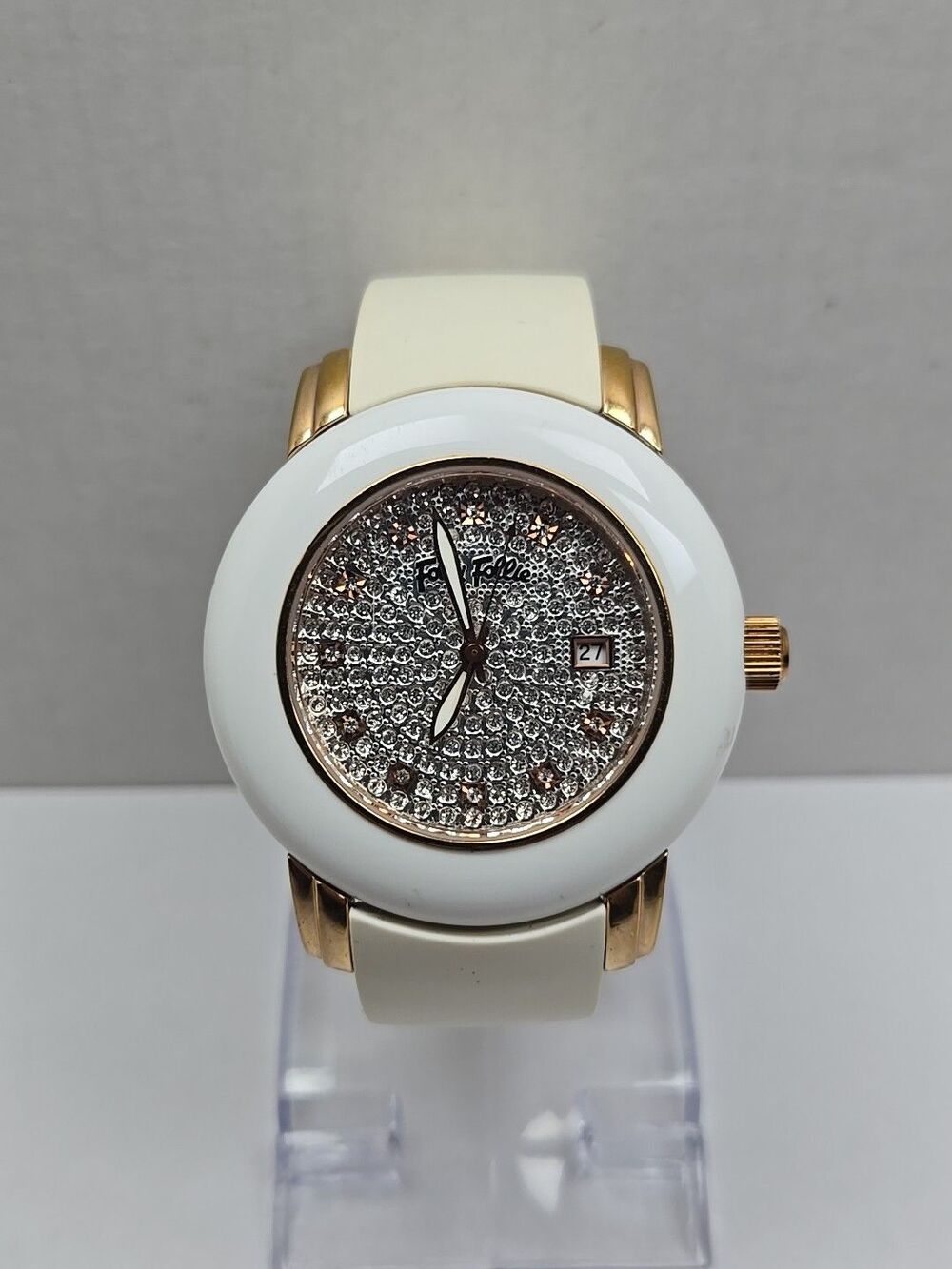 Folli Follie Urban Spin Deluxe Crystal Date White Cream Rose Gold New Battery